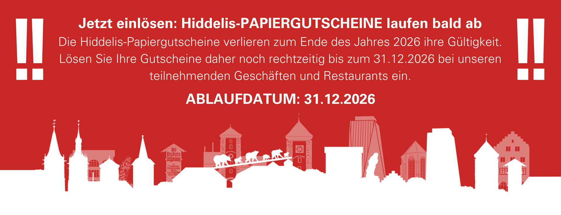 Jetzt einlösen: Hiddelis-Papiergutscheine verlieren zum 31.12.2026 ihre Gültigkeit. Bitte bis spätestens 31.12.2026 in teilnehmenden Geschäften und Restaurants einlösen.
